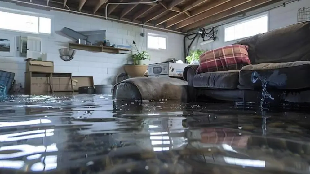 Flooded basement room with a sofa and stored belongings in standing water