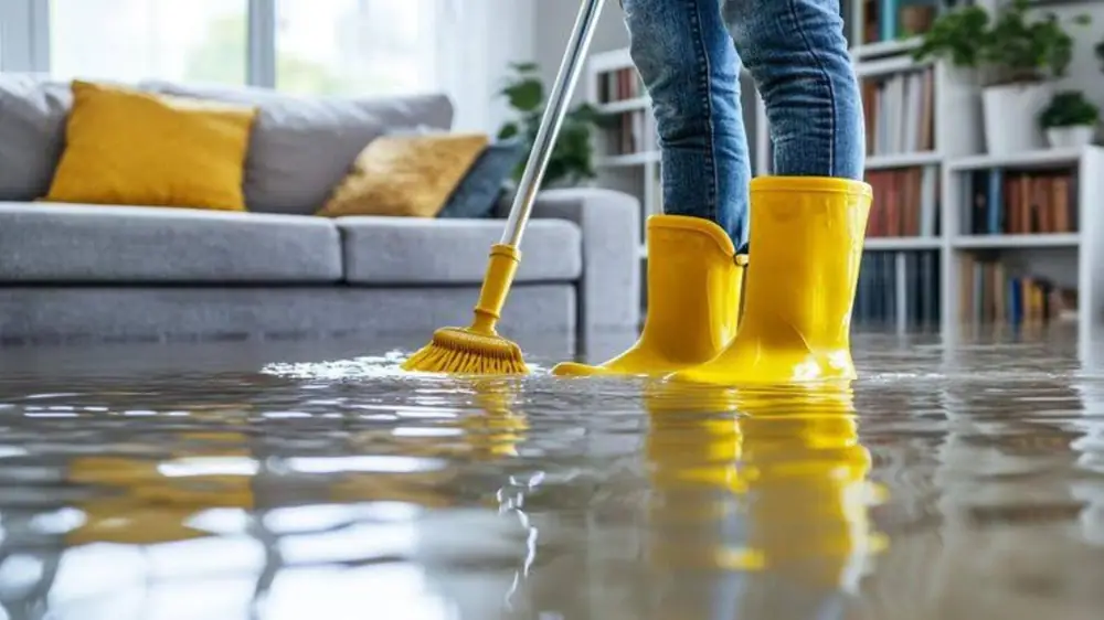 Person in yellow boots mopping water in a living room