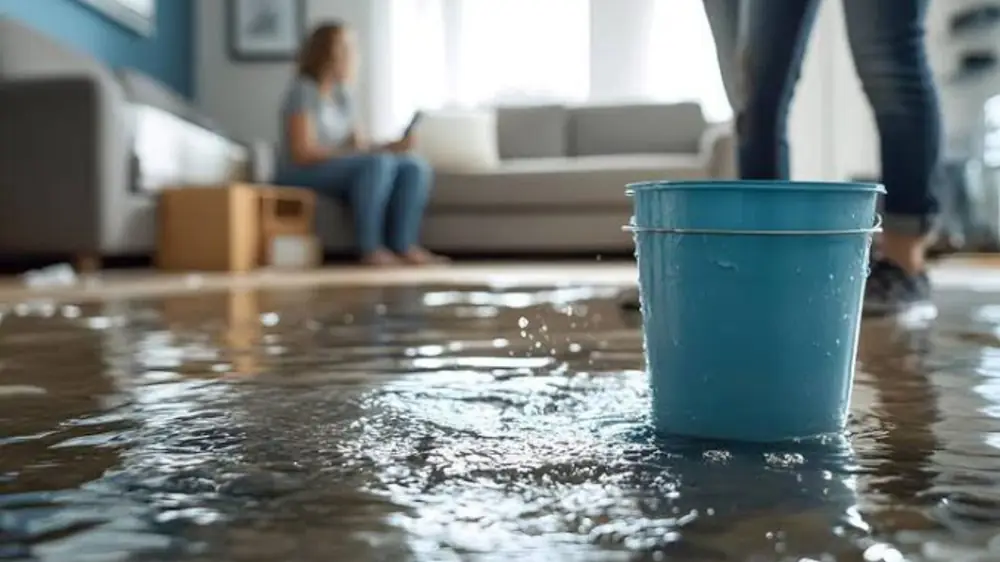 Bucket on a wet floor in a living room while a person sits nearby
