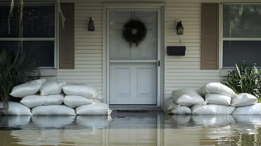 Front door with sandbags stacked beside it and water at the threshold
