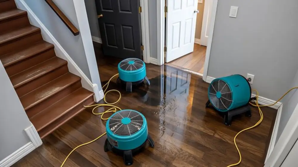 Three air movers drying a wood floor near a staircase