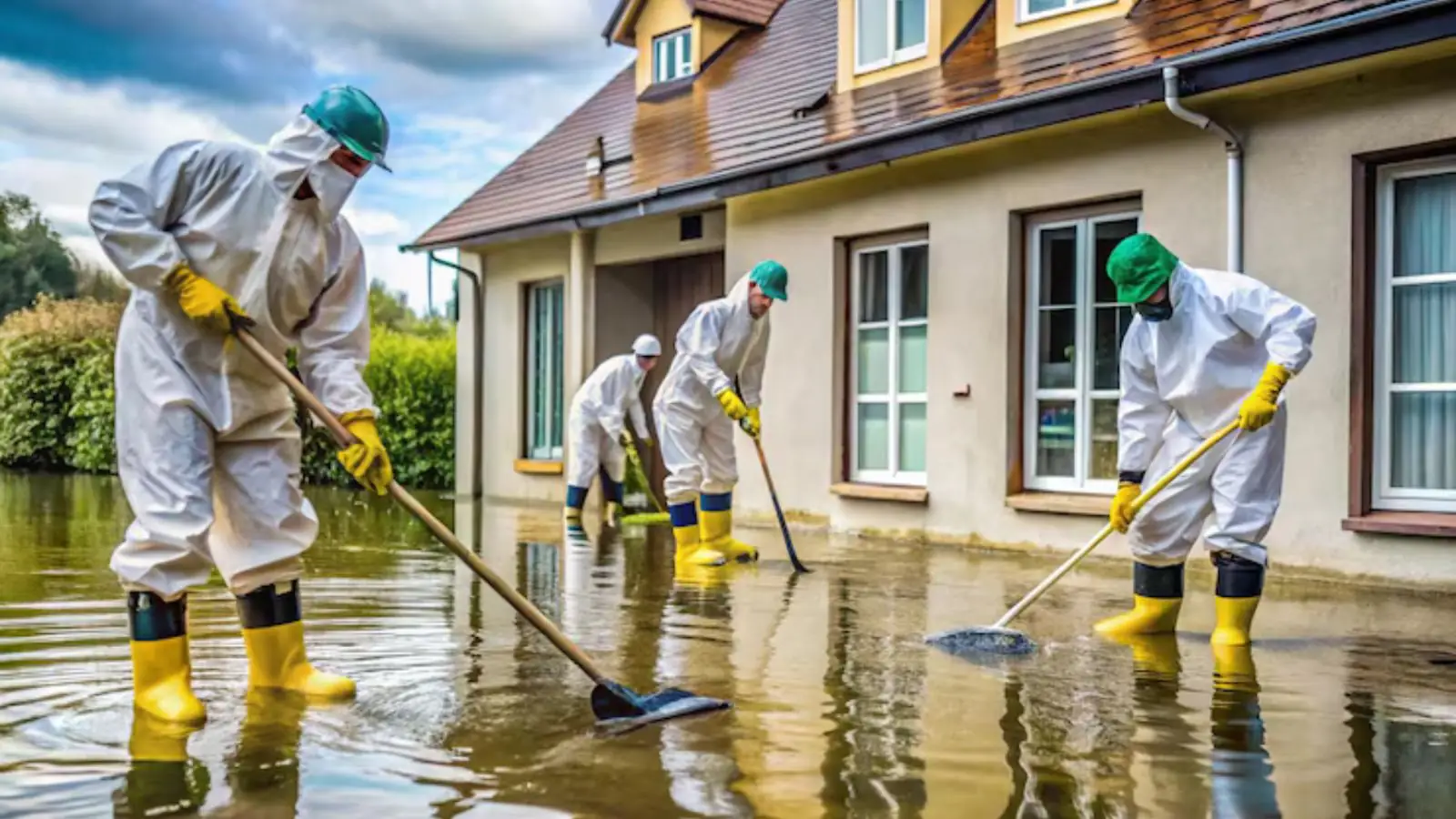 Crew in protective suits and boots clearing flood water around a house