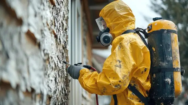 Remediation technician in a full protective suit and respirator working on a wall