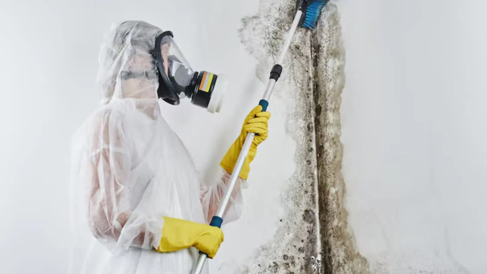 Technician in a protective suit and respirator treating a wall with a pole sprayer