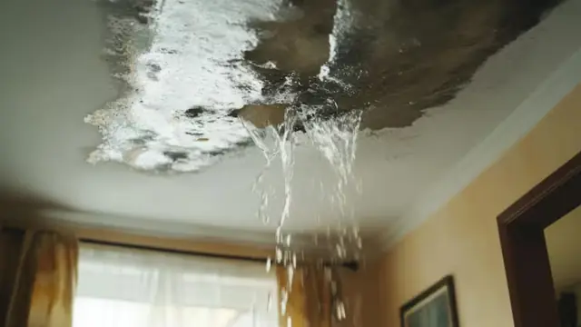 Water coming through a stained ceiling into a room below