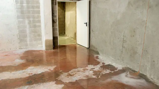 Wet patches across a concrete floor in a room with a door open